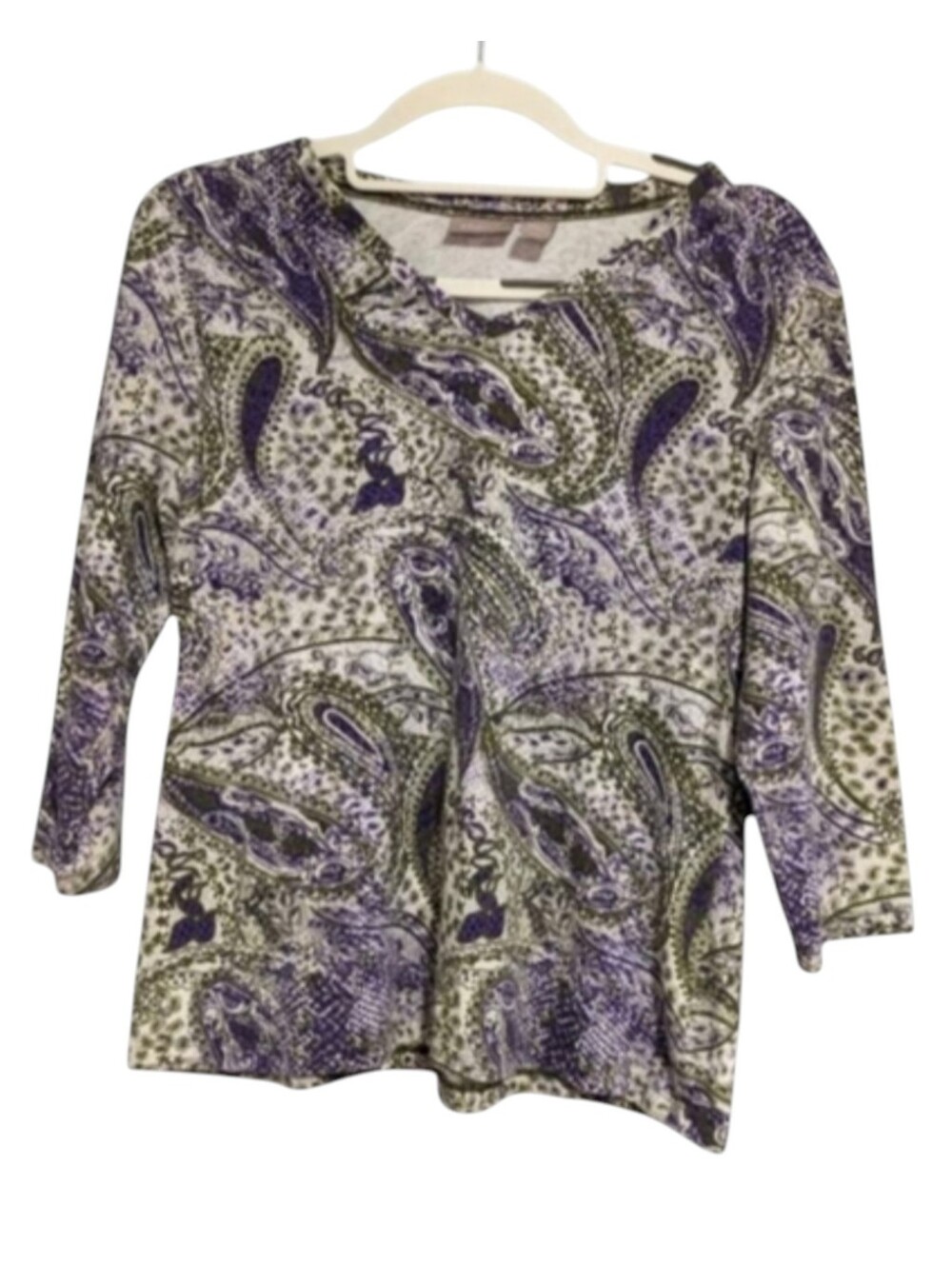 Chico's 3/4 Sleeve Purple Paisley Top Size 1 8/10